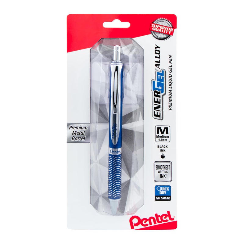 Pentel Energel Alloy Retractable Liquid Gel Pen, (0.7mm) Medium Line, Navy Blue Barrel, Black Ink, 1 Pack (BL407CBPA) - Image 1